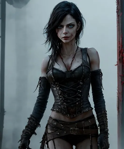 Prompt: blood, creepy, horror ,madmax, red, vampire, kristin kreuk,  tomboy female black hair, moulin rouge, realistic, look like
, almost nothing, skin highlights, hair highlights, ((perfect sweaty)), blushing, movie scene,  wonderful face, very detailed face, extremely detailed face, highly detailed face, soft, 
perfect face, perfect eyes, perfect teeth, perfect body, perfect anatomy, beautiful body, {{full body}}, photorealistic, masterpiece, cinematic, 16k artistic photography, epic, drama, , beauty, 
cinematic lighting, dramatic lighting, insanely detailed, soft natural volumetric cinematic lighting, award-winning photography, rendering, hd, high definition, 
highly detailed, 
