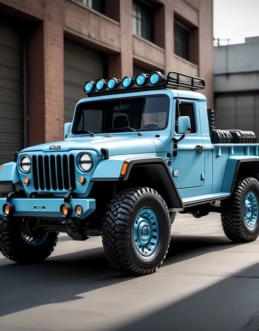 Prompt: (pastel blue Jeep Kaiser M715), hybrid design combining truck and tank elements, showcase Kia EV9 aspects, rugged yet modern aesthetics, detailed textures, exposed mechanical parts, urban backdrop, bright natural sunlight, emphasizing sleek lines and curves, (4K ultra-detailed), captivating spotlighting to enhance features, showcasing innovative and adventurous spirit.