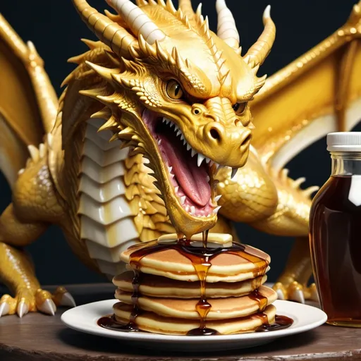Prompt: a golden dragon devours pancakes and syrup, photorealistic
