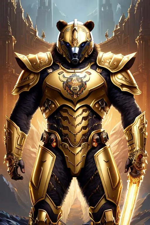 Prompt: Poster art, high-quality high-detail highly-detailed breathtaking hero ((by Aleksi Briclot and Stanley Artgerm Lau)) - ((a Bear )), 8k gold helmet, male, highly detailed Bear helmet,glowing chest emblem ,carbon fibre helmet, mech armor, detailed brown fur, king of the bears, detailed ivory mech suit, full body, black futuristic mech armor, wearing mech armour suit, 8k,  full form, detailed forest wilderness setting, highly detailed flame thrower, full form, epic, 8k HD, fire, sharp focus, ultra realistic clarity. Hyper realistic, Detailed face, portrait, realistic, close to perfection, more black in the armour, 
wearing blue and black cape, wearing carbon black cloak with yellow, full body, high quality cell shaded illustration, ((full body)), dynamic pose, perfect anatomy, centered, freedom, soul, Black short hair, approach to perfection, cell shading, 8k , cinematic dramatic atmosphere, watercolor painting, global illumination, detailed and intricate environment, artstation, concept art, fluid and sharp focus, volumetric lighting, cinematic lighting, 

