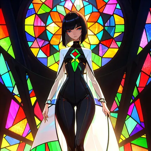 Prompt: a lonely AI girl, very tall, thick thighs, wide hips, long legs, slender arms, slender waist, big beautiful symmetrical eyes, intriguingly beautiful face, aloof expression, bob haircut with bangs, wearing Stained-Glass-Windows fashion clothes, high fashion, 12K resolution, hyper quality, hyper-detailed, hyper-realistic, hyper-professional