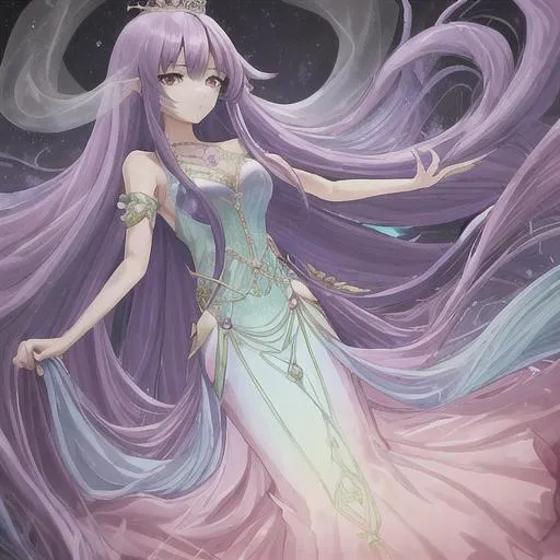 Prompt: butiful queen, very long purple and blue hair, pink and darkblue long dress, green and white aura