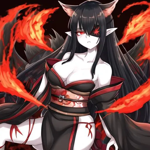 Prompt: Lone thick pale elf kitsune hybrid with black hair, red right eye with a eye patch over her left eye, and in a kimono 
