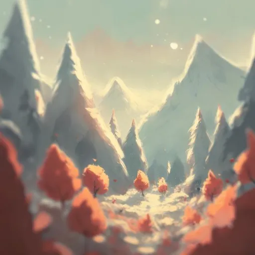 Prompt: bunny, autumn, fluffy, cute, innocent, soft, subtle lighting, dim, cartoon, professional, artistic, concept art, abstract, mountains, snow, grass, cold, warm, red, balance, cartoon, concept art, artistic, professional, Japanese illustration, sketchy