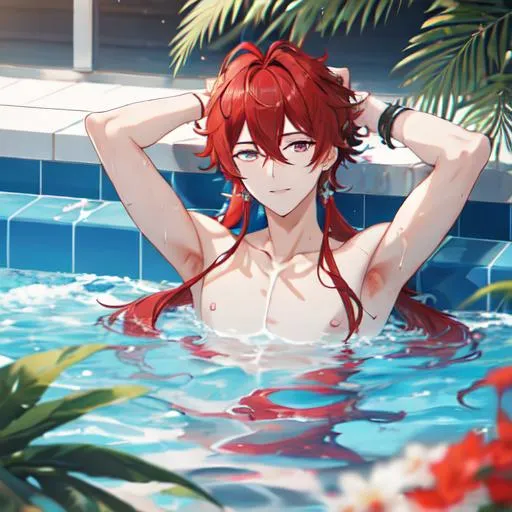 Prompt: Zerif 1male (Red side-swept hair covering his right eye) 8K, UHD, best quality, swimming at the pool