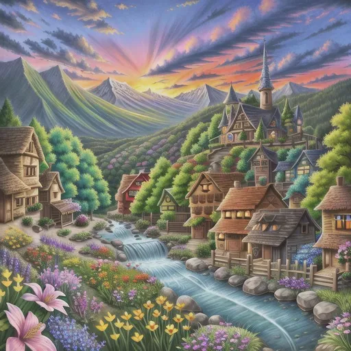 Prompt: wild flower covered mountain side, street view, masterpiece, inspirational, sunset, realistic, photo realistic, buildings, fantastic structures, fantasy village, small stream, colorful, wild flowers, flowers, lush, spring