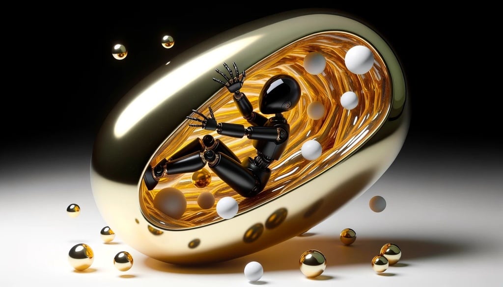 Prompt: A black android girl, with sleek and futuristic design elements, finds herself ensnared in a giant, gleaming gold cocoon. The scene captures the struggle of the android against the confining embrace of the cocoon.