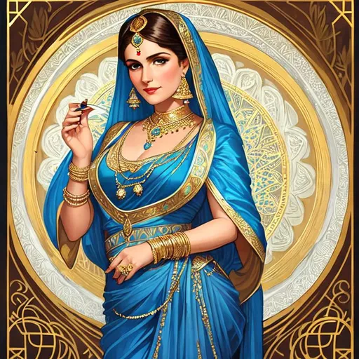 Prompt: A brown-eyed fortune teller white girl dressed in a blue Sari. Gold jewelry. Crystal ball. by leyendecker, art nouveau. 