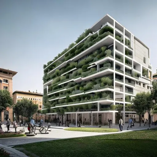 Prompt: A complete body form of a stunningly beautiful, hyper realistic sustainable with gardens city building in Rome