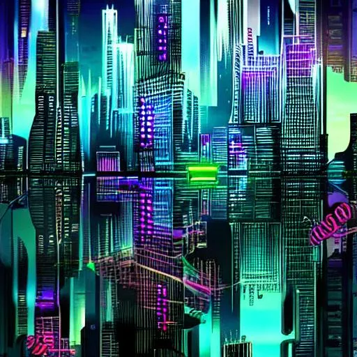 Prompt: "Generate a cyberpunk cityscape, complete with towering neon skyscrapers, holographic billboards, and bustling crowds of people. Also generate the negative version of this image, with reversed colors and high contrast."