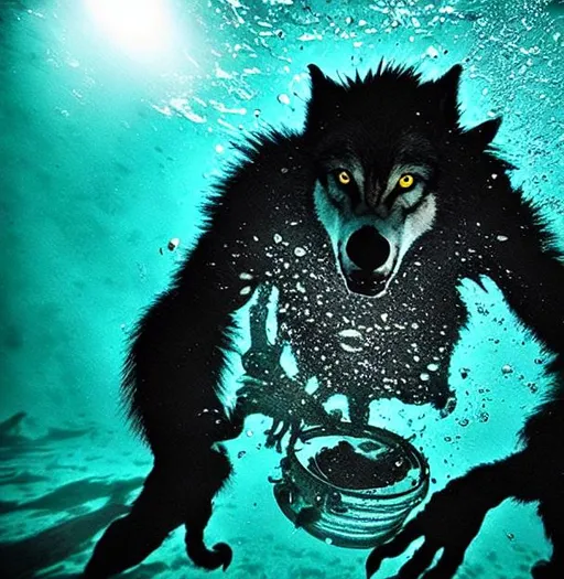 Prompt: Werewolf diving deeper underwater