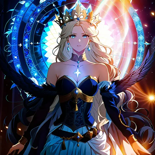 Prompt: Nordic divine woman, anime, ethereal, flowing robe, long flowing hair, mystical, divine aura, intricate crown, detailed eyes, highres, detailed, anime style, cool tones, atmospheric lighting