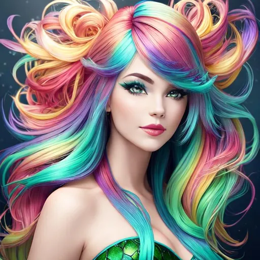 Prompt: Beautiful mermaid, multicolored hair, facial closeup