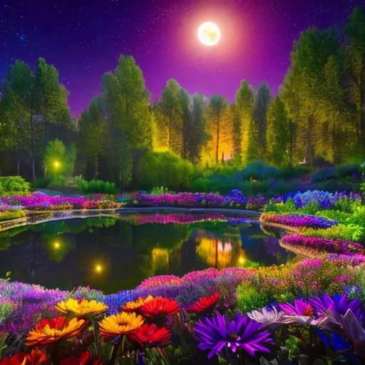 Prompt: Epic beautiful large pond surrounded by bright colorful flowers at night under a full moon at night 