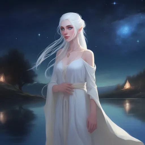 Prompt: dnd a female elf with long white hair in a loose bun and blue eyes wearing a long white dress near a large lake on a starry night