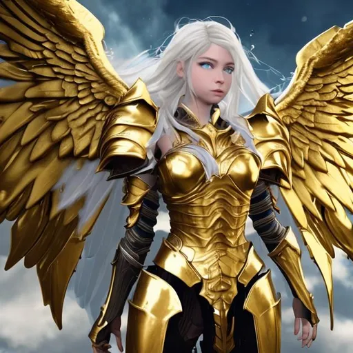Prompt: a very beautiful full size female angel, arms up, golden plate armor, black wings, blue eyes, golden hair, flying in the sky, clauds.