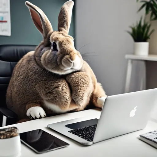 Prompt: Fat rabbit working hard with mac book at the office 