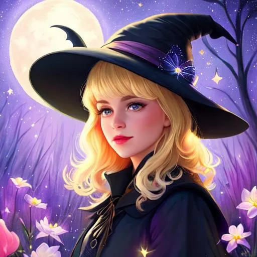 Prompt: a young witch with short blonde hair, Disney style, witch hat, moon, forest, flowers, nighttime, galaxy, soft light, art, painting, sweet, fireflies, pastel, vaporwave