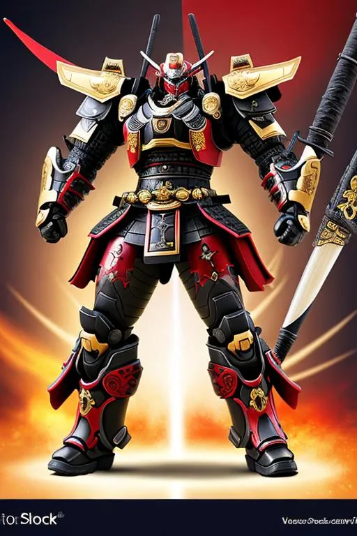 Prompt: Samurai Mech, detailed, black, gold and red colours