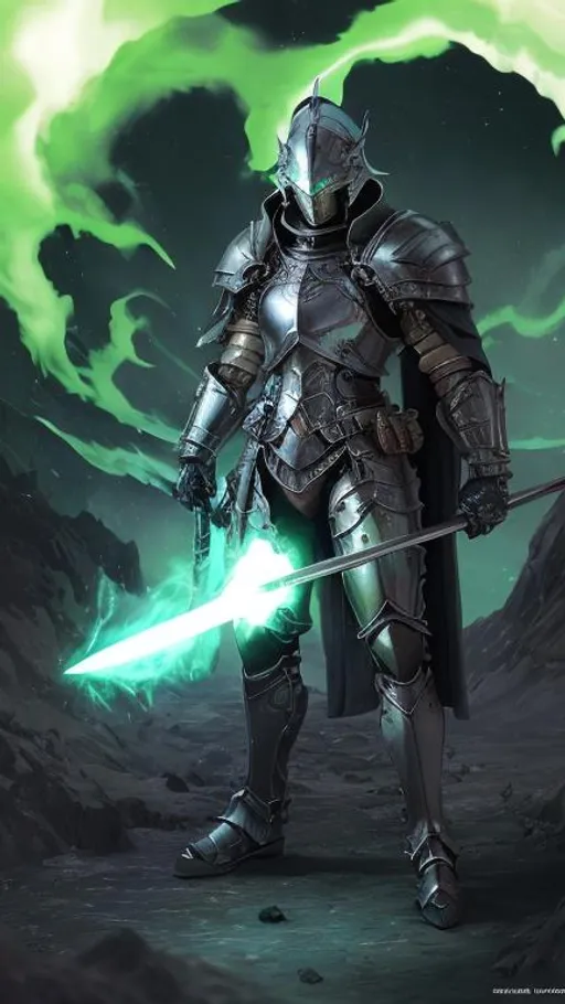 Prompt: a Male in silver crusader armor rests on his sword in the middle of a dark crater filled with glowing green acid. the sky is dark and he is surrounded by glowing green mist. Behance hd, Castle-crashers