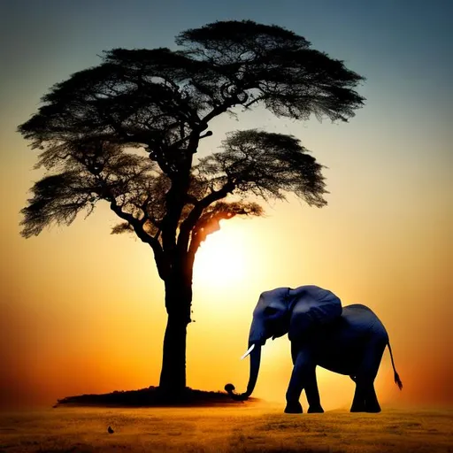 Prompt: Merge an elephant with a tree as the trunk of a tree. Silhouette.  Make the tree more prominent.  Add a dead tree 