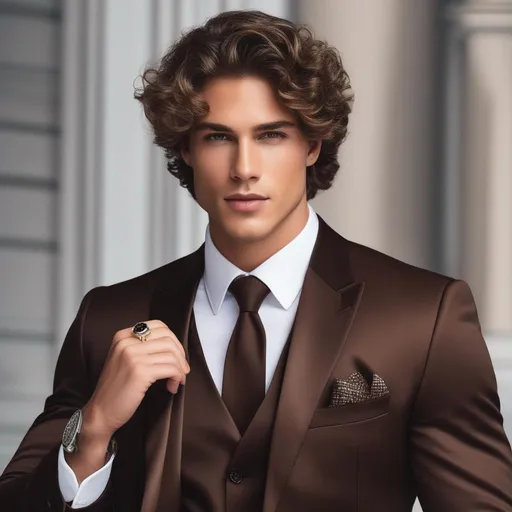 Prompt: Handsome Man, with curly brown hair, wearing a brown suit and tie ,wearing a ring on each finger