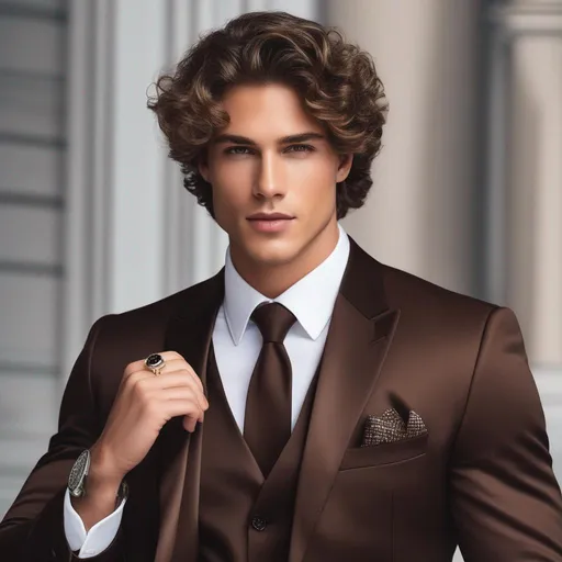 Handsome Man, with curly brown hair, wearing a brown...