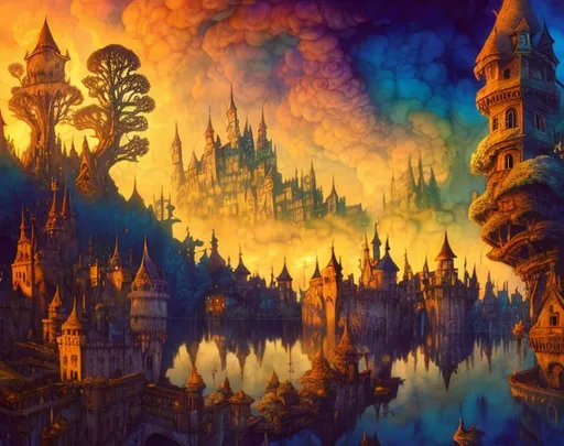 Prompt: A magical castle, floating in clouds, surrounded by funny trees. Art by Daniel Merriam, AURIKA PILIPONIENE, IRA KENNEDY, Arthur Rackham, MARIA SERAFINA Tribunella, DEBBIE CRISWELL, Arief Putra, Anita Inverarity,  Itzchak Tarkay, remedios varo. Super clear resolution, cinematic smooth, polished finish, watercolor ink.