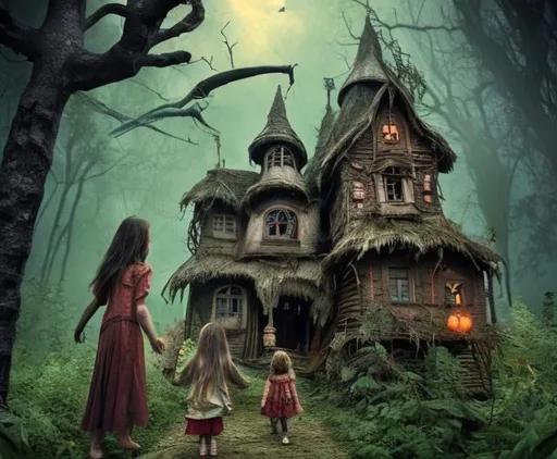 Prompt: Baba Yaga approaches two frightened children who have stumbled across her scary looking house that sits on four huge chicken-legs & hidden deep in the forest.