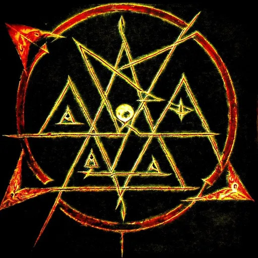 Prompt: night, sinister, pyramid, pentagram, devil, crime
