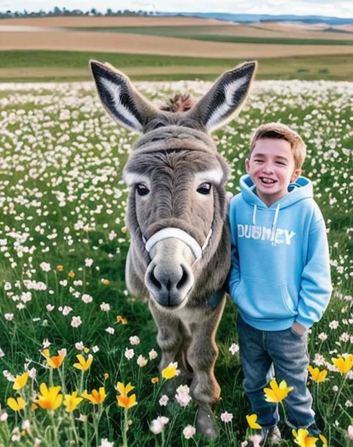 Prompt: A high-quality, detailed photo of a donkey and a boy wearing a hoodie, standing in a field of flowers. The donkey is brown with white spots, and the boy is wearing a blue hoodie with a white logo. The sun is shining brightly, and there are a few clouds in the sky. The donkey is looking at the boy, and the boy is smiling.
