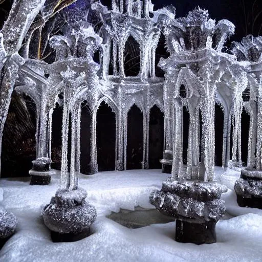 Prompt: Fairy Winter Court palace, exterior wide shot, dark, foreboding with dark marble and adorned with icy spikes and formations, Elegant, Magical garden, topiary, archways, luminescent plants, flowers.