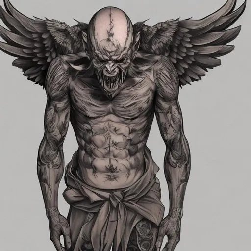 Prompt: Sketchy tattoo style, frontal wooden human,full body, edoten, wings and  a half tengu face mask