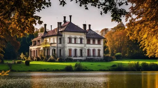 Prompt: Old manor house in the middle of the forest, it's autumn, surrounded by flowers and big trees, a lake nearby, children playing on the lawn