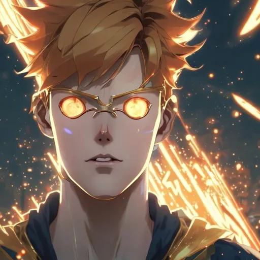 Prompt:  teenage Booster Gold in anime style, surrounded in a brilliant golden aura, smooth, perfect, head and shoulders portrait, 8k resolution concept art by Makoto Shinkai , Artgerm, WLOP dynamic lighting hyperdetailed intricately detailed, triadic colors Unreal Engine 5 volumetric lighting, Studio Ghibli, Anime Key Visual, Deep Color, Beautiful Composition