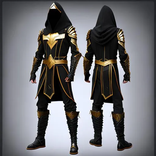 Prompt: men's combat cloth with hood in futuristic style, full body, gold and black colors, sketches