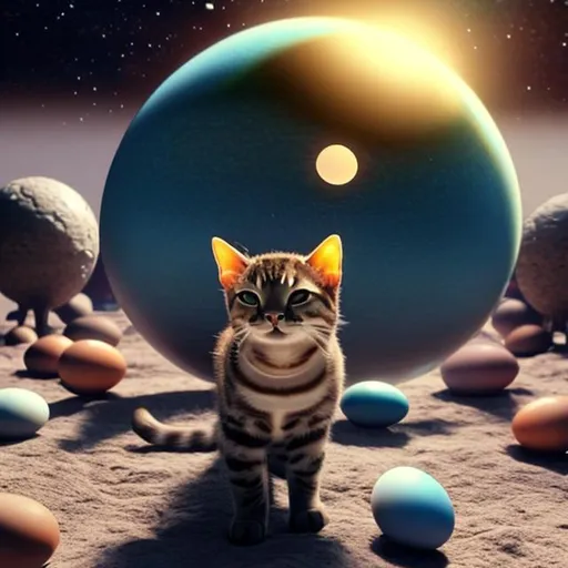 Prompt: a cat inside of a planet with eggs