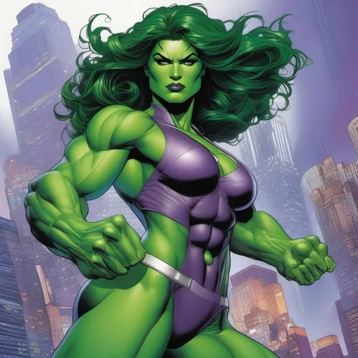 Prompt: ((In the style of Jim Lee)) A stunning and powerful depiction of She-Hulk from Marvel. She stands tall, with her emerald green skin radiating strength and resilience. Her muscular physique is emphasized, showcasing her incredible physical prowess. She wears her iconic purple costume, adorned with the She-Hulk symbol on her chest. The backdrop is a bustling city skyline at dusk, with the buildings casting long shadows on the streets below. She-Hulk's confident smile portrays her as both fierce and approachable.
