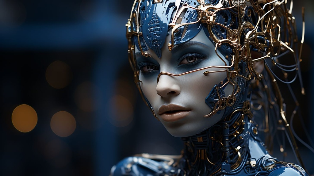 Prompt: futuristic human body that looks like a robot, in the style of dark silver and dark blue, detailed facial features, daz3d, made of insects, circuitry, kintsugi, photo taken with nikon d750