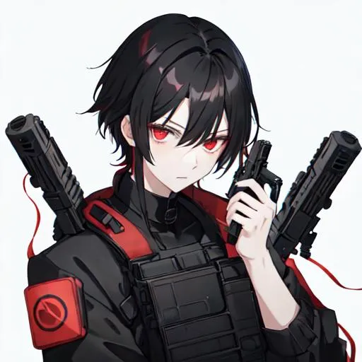 Prompt: 1male (pale) (medium black hair) (red eyes) he's holding a gun, nuclear fallout