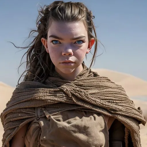Prompt: anya taylor-joy, detailed face, skinny, anorexic, tall, military, cyborg, desert armor, tusken raider, bandaged arms, tan poncho, desert, mountain, scifi, futuristic