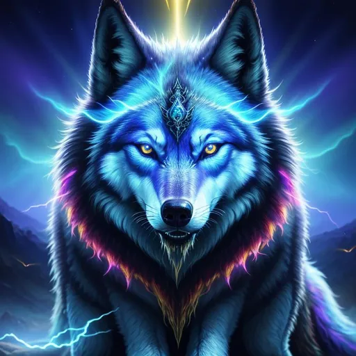 Prompt: insanely beautiful (wolf), ancient, celestial guardian, quadrupedal canine, growling, glaring, global illumination, psychedelic colors, illusion, finely detailed, calm, detailed face, beautiful detailed eyes, beautiful defined detailed legs, beautiful detailed shading, masterpiece, professional oil painting, epic digital art, best quality, slender, highly detailed body, (lightning halo), tilted halo, {body crackling with lightning}, billowing wild fur, dense billowing mane, lilac magic fur highlights, majestic wolf queen, magic jewels on forehead, lightning blue eyes, flaming eyes, ice elements, {auroras} fill the sky, {ice storm}, crackling lightning, (lightning halo), tilted halo, corona behind head, highly detailed pastel clouds, lightning charged atmosphere, full body focus, presenting magical jewel, beautifully detailed background, cinematic, Yuino Chiri, Anne stokes, Kentaro Miura, 64K, UHD, intricate detail, high quality, high detail, golden ratio, symmetric, masterpiece, intricate facial detail, high quality, detailed face, intricate quality, intricate eye detail, highly detailed, high resolution scan, intricate detailed, highly detailed face, very detailed, high resolution, medium close up, close up