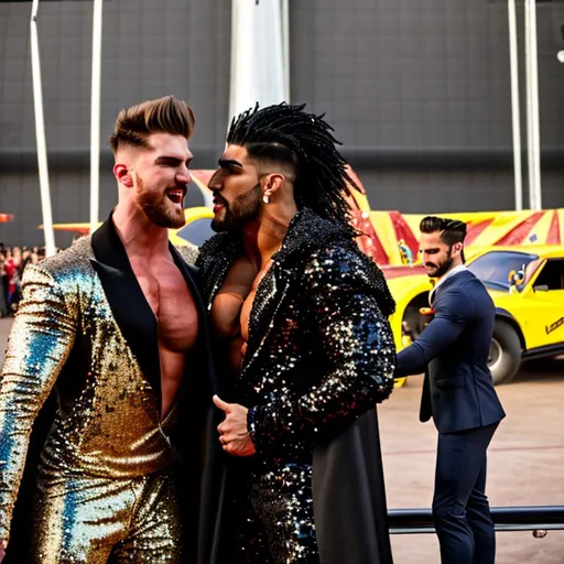 Prompt: 30 foot tall bodybuilder vs 7-foot-tall runway model, cars, planes, giants, Mambo, sequin, ripped clothes, super muscular, circus , giant, cloak, bare chest, shorts, make out, kissing each other 