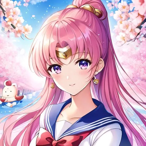 Prompt: high quality, beautiful face, sailor moon, deviant art, usagi tsukino, artwork , background pink cherry blossom flowers , conrade griffin
