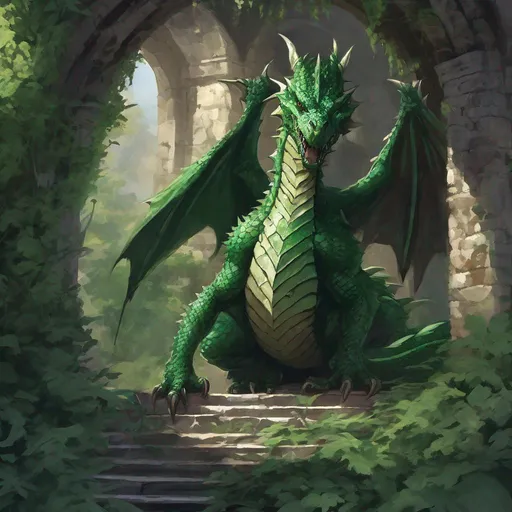 Prompt: Art of Venomfang, the serpentine green dragon from D&D waiting patiently within an overgrown ruined tower, looking directly at the viewer