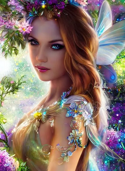 Prompt: Beautiful Fairy goddess walking through a sparkling enchanted labyrinth filled with colorful flowers at night, highres, award winning illustration, extremely detailed, painting, colorful, cute, dreamy, fantasy