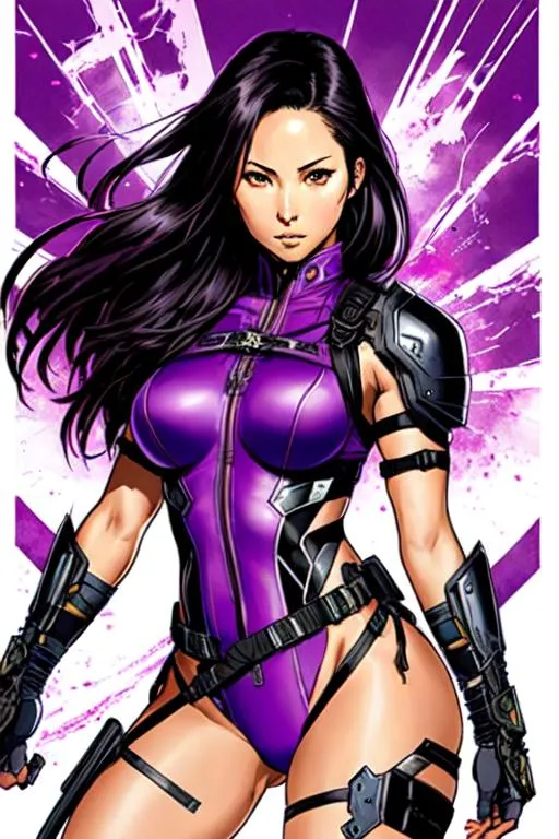 Prompt: Psylocke Art (((Yoji Shinkawa))), sticker of ultra detailed portrait of Olivia Munn in detailed purple heavy ninja tactical armor, high quality cell shaded illustration in post apocalyptic style by Yoji Shinkawa, ((full body)), dynamic pose, perfect anatomy, centered, freedom, soul, black long hair,tan skin approach to perfection, cell shading, 4k , cinematic dramatic atmosphere, watercolor painting, global illumination, detailed and intricate environment, artstation, concept art, fluid and sharp focus, volumetric lighting, cinematic lighting, Art by Ilya Kuvshinov
