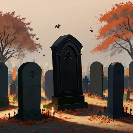 Prompt: draw a fall cemetery, dark toned, dead, leaves have fallen, detailed, gothic, realism