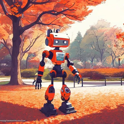 Prompt: A HubSpot robot in a park during autumn, manga style