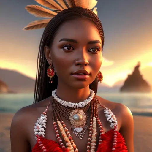 Prompt: HD 4k 3D professional modeling photo hyper realistic beautiful enchanting native hawaiian woman dark hair brown skin brown eyes gorgeous face traditional red and white dress and jewelry nature magical beach and mountains landscape hd background ethereal mystical mysterious beauty full body